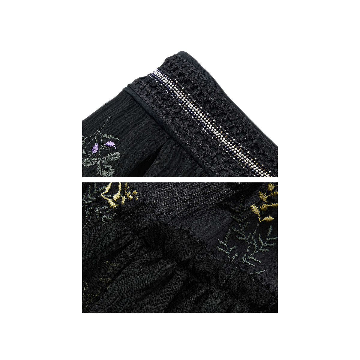 Black embroidered silk skirt
