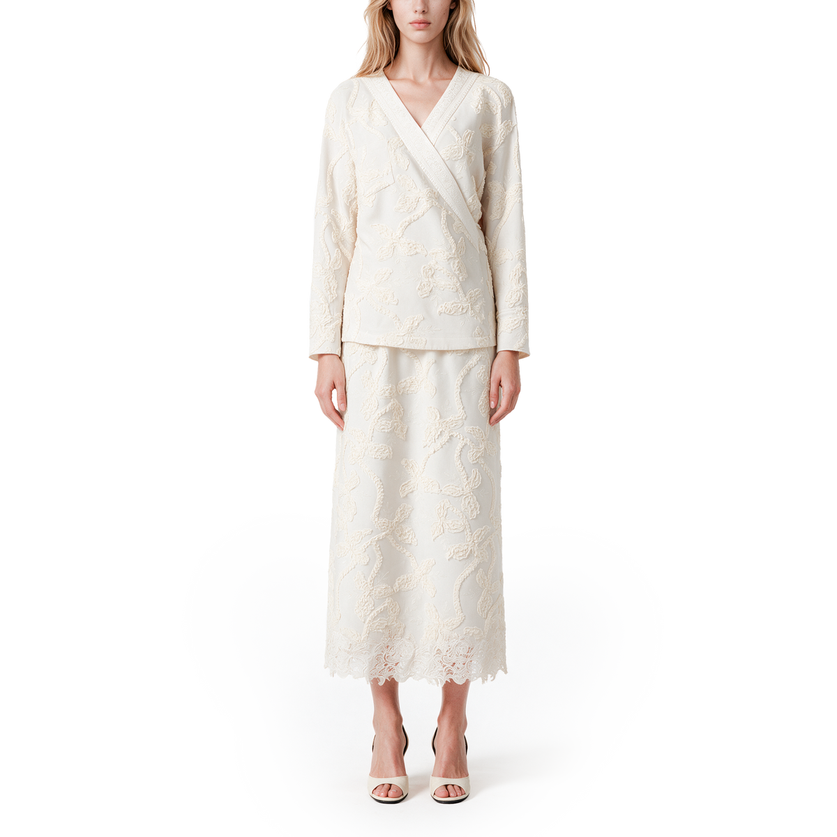 Embroidered silk and wool top