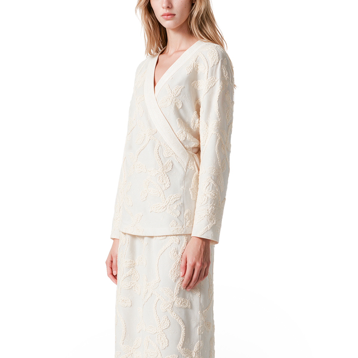 Embroidered silk and wool top