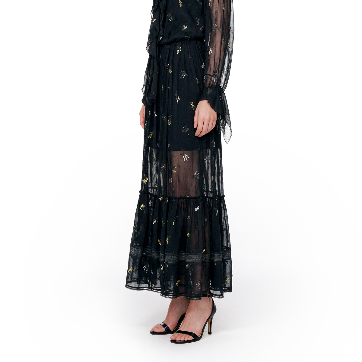 Black embroidered silk skirt