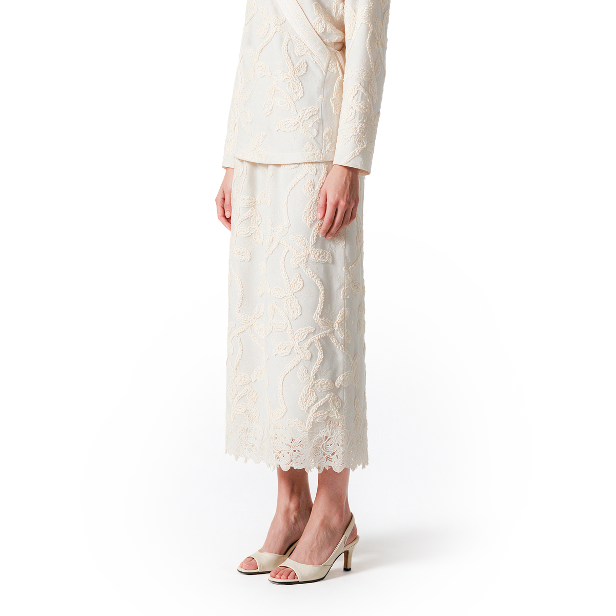 Off-white Linen-Silk Embroidered Midi Skirt