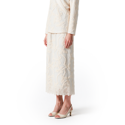 Off-white Linen-Silk Embroidered Midi Skirt