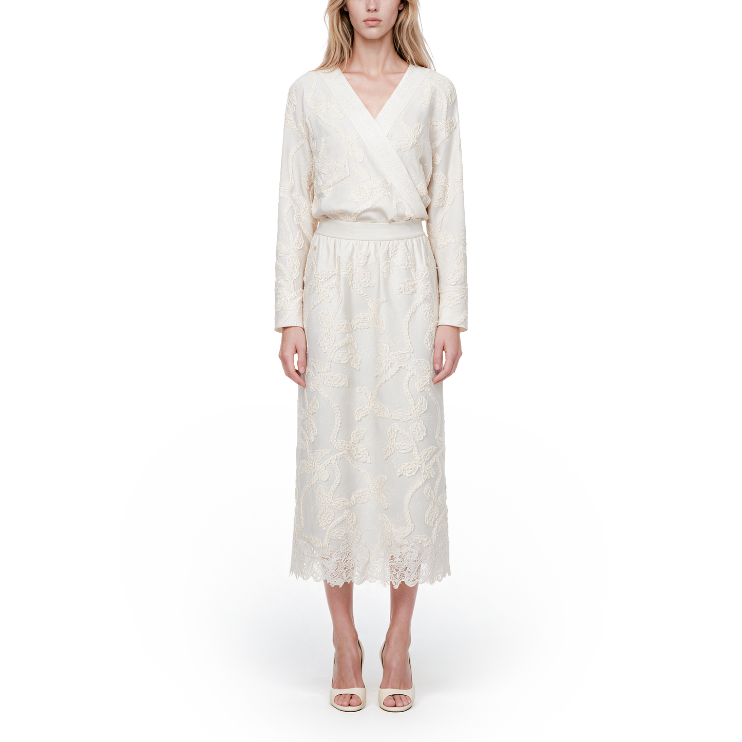Off-white Linen-Silk Embroidered Midi Skirt