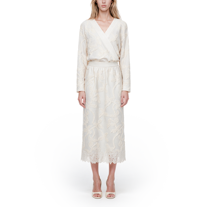 Off-white Linen-Silk Embroidered Midi Skirt