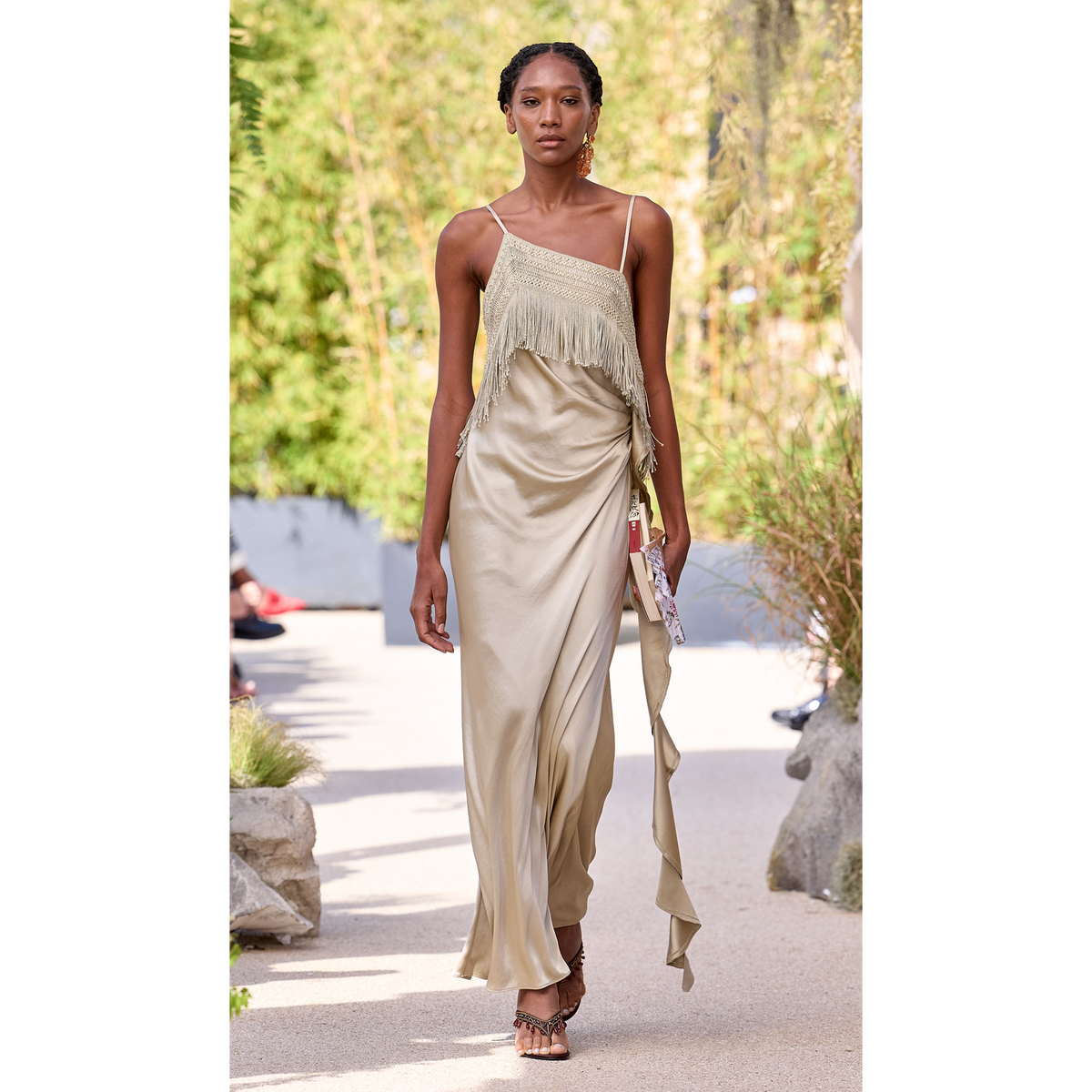 Silk‑Satin Woven‑Fringe Tucked‑Pleated Dress
