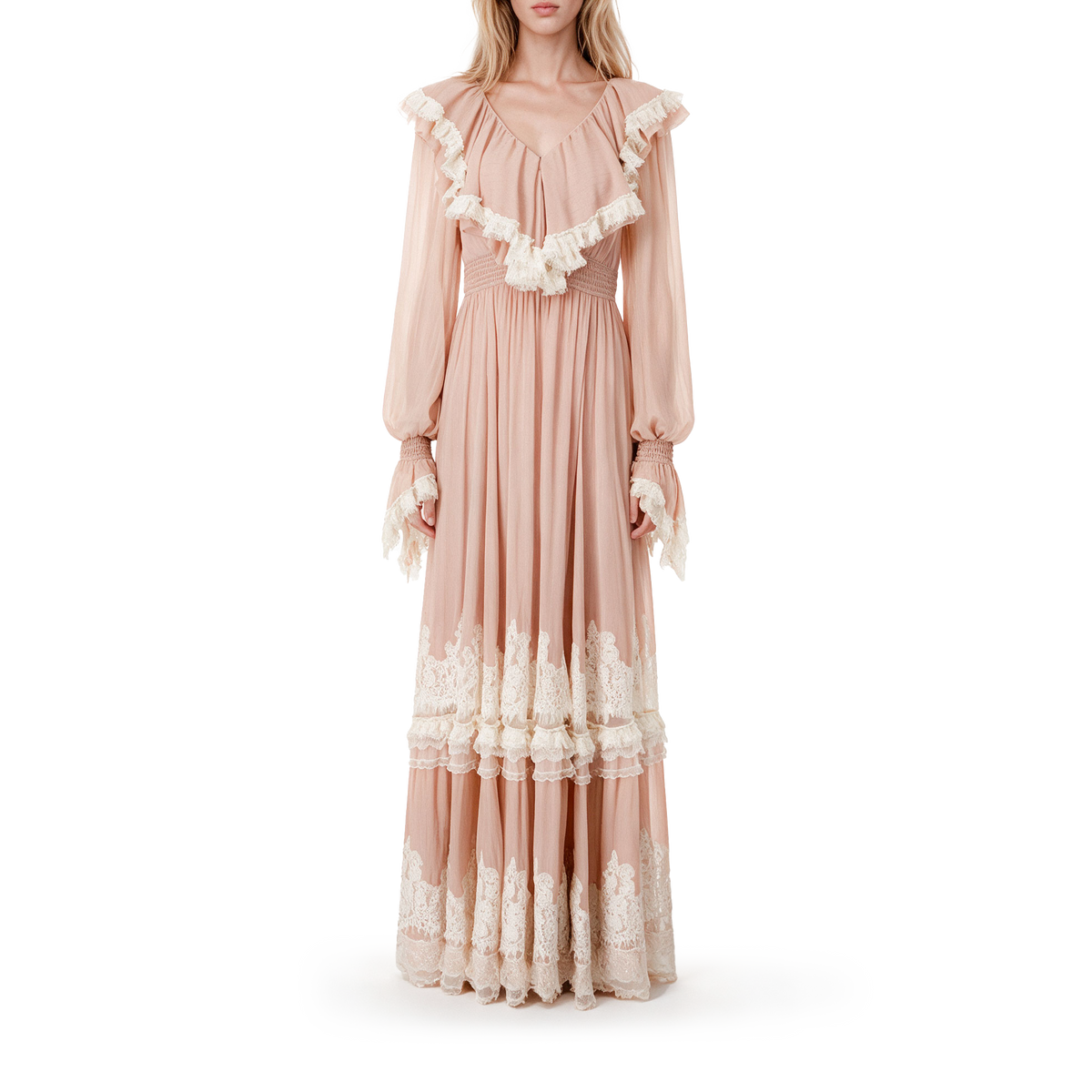 Pink foil-stamped silk lace dress
