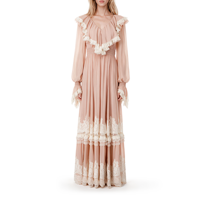 Pink foil-stamped silk lace dress