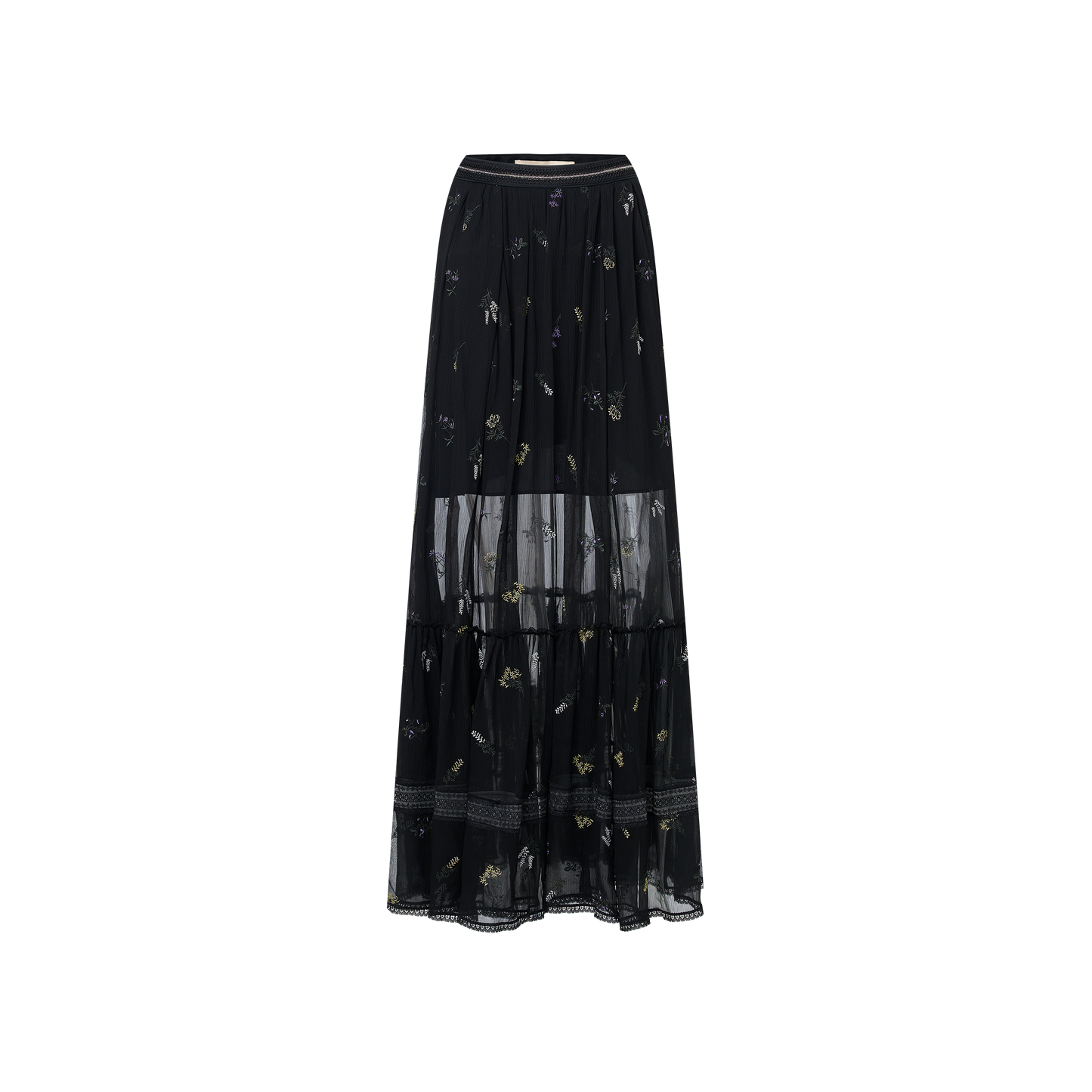 Black embroidered silk skirt