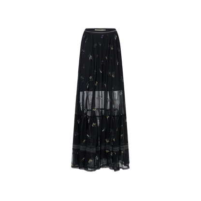 Black embroidered silk skirt
