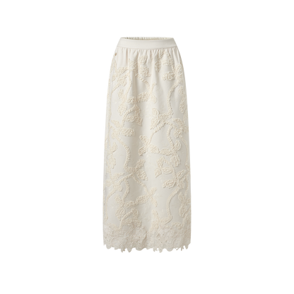 Off-white Linen-Silk Embroidered Midi Skirt