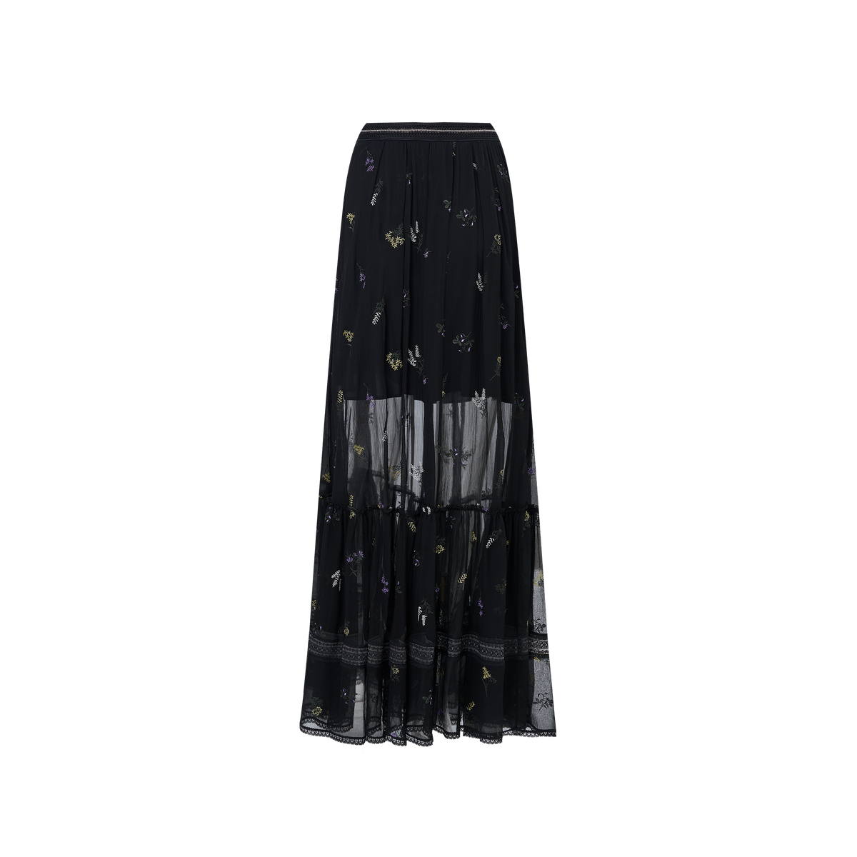 Black embroidered silk skirt