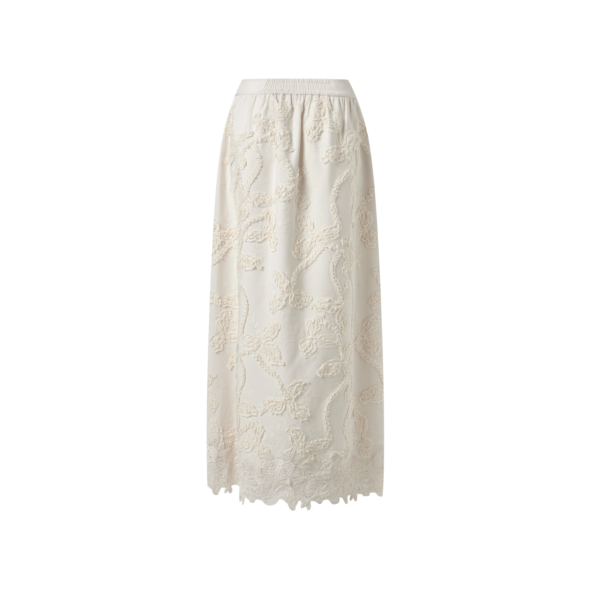 Off-white Linen-Silk Embroidered Midi Skirt