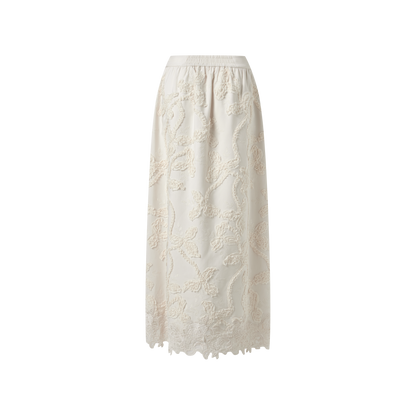 Off-white Linen-Silk Embroidered Midi Skirt