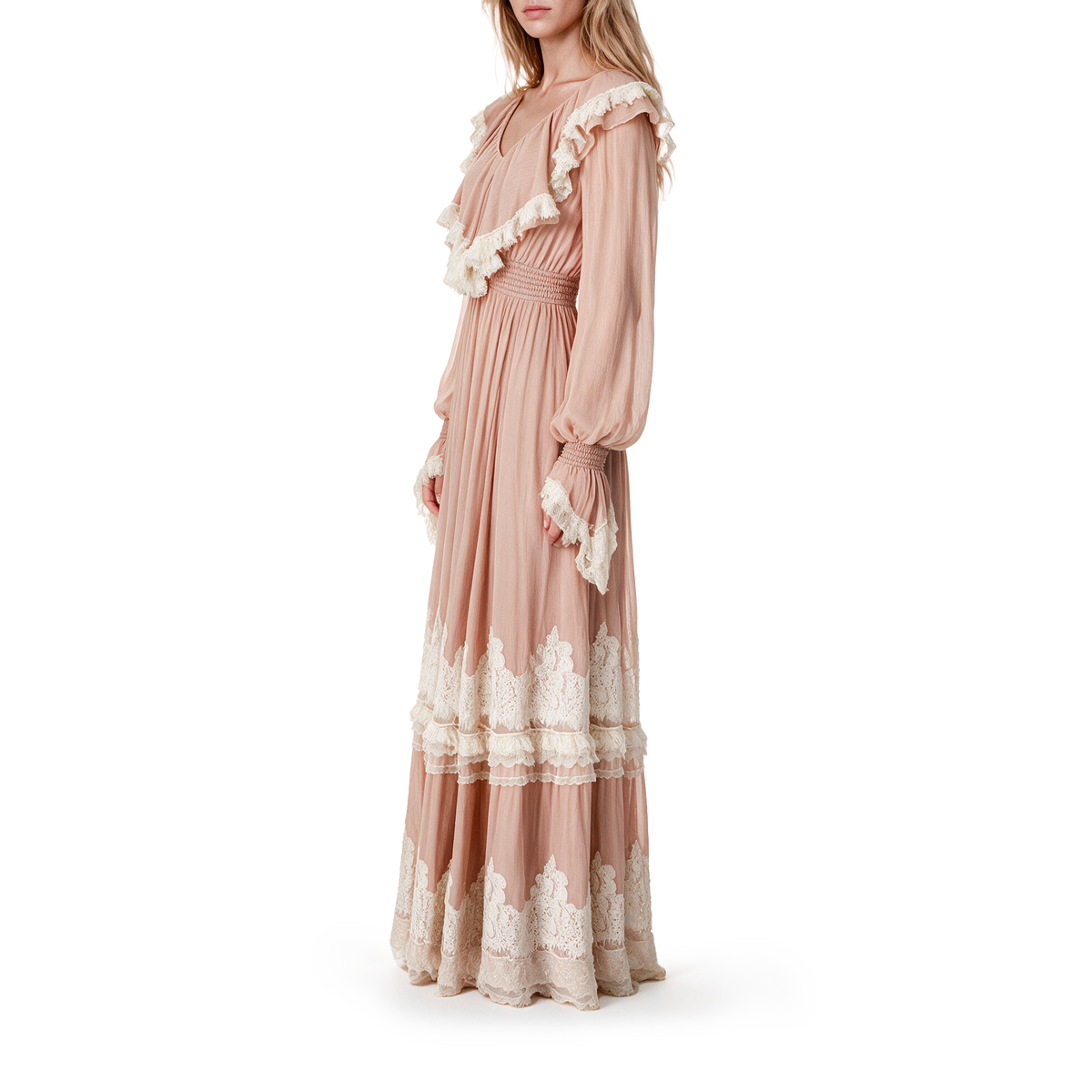 Pink foil-stamped silk lace dress