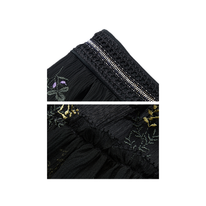 Black embroidered silk skirt