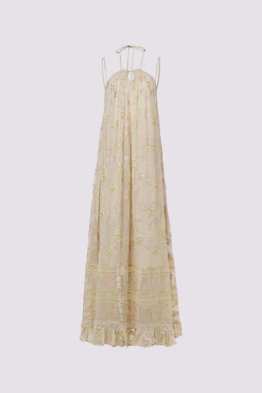 Yellow embroidered halter dress