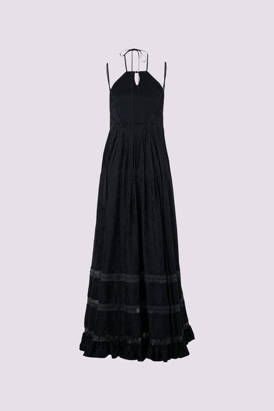 Black jacquard halter dress