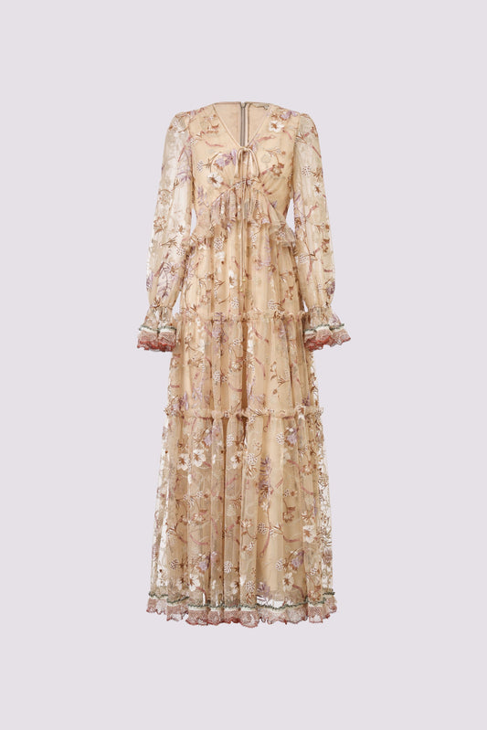 Embroidered floral dress with a large display