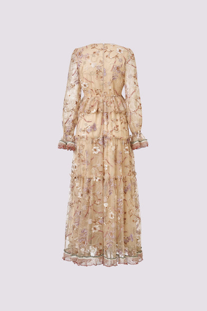 Embroidered floral dress with a large display