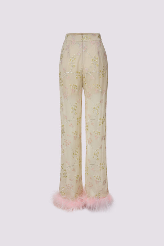 Yellow embroidered straight-leg pants