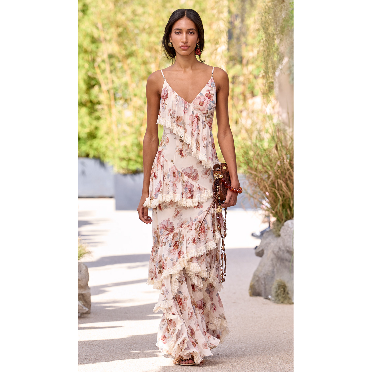 Silk Crinkle Printed V‑Neck Tiered Dress