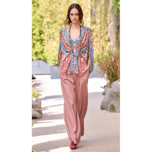 Silk Crinkle Printed V‑Neck Structured Top