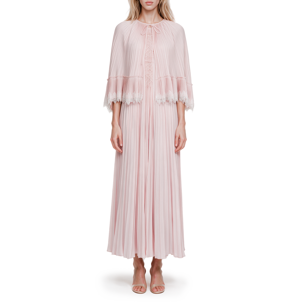 Pink pleated lace-trimmed top